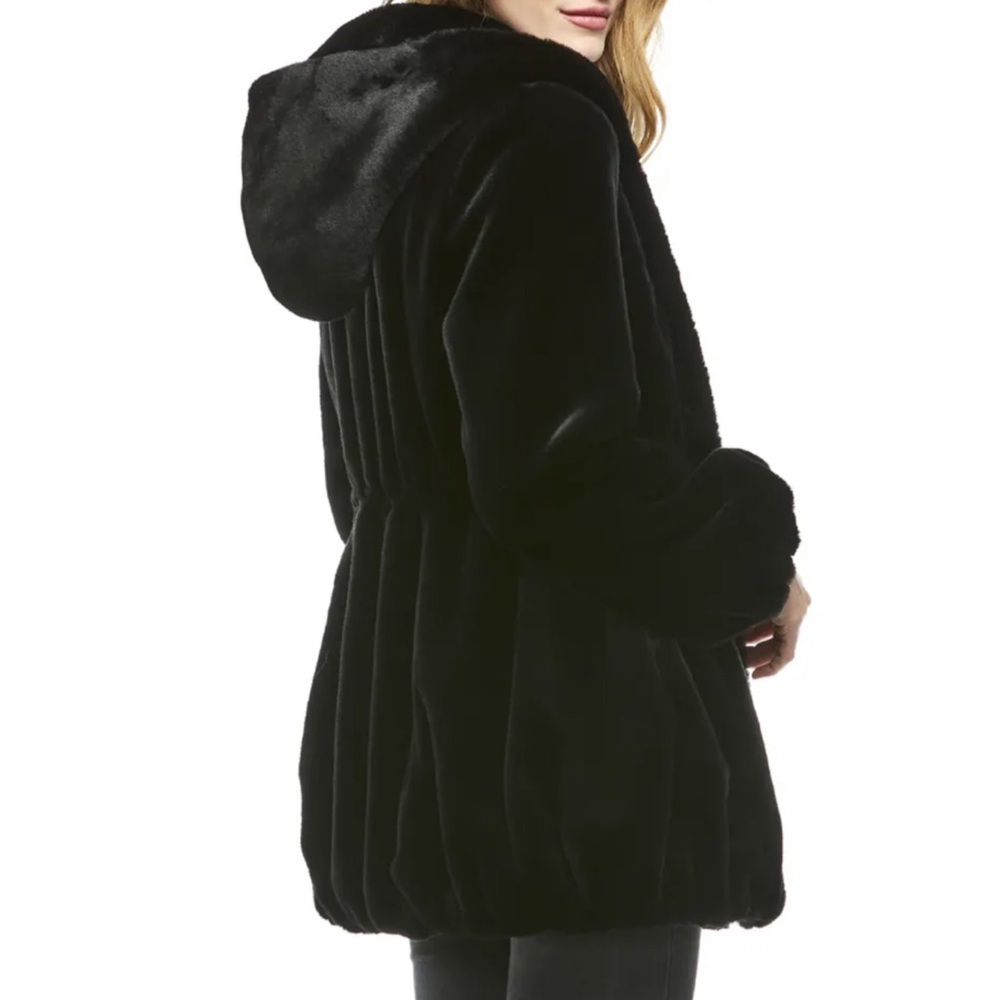 Fabulous Furs Black Hooded Sheared Faux Fur Beaver Anorak Winter Coat Size Small - Picture 3 of 16